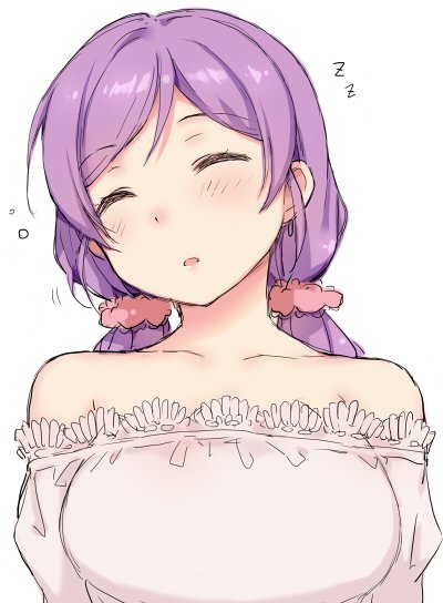 1girl ^_^ bare_shoulders blush closed_eyes closed_eyes collarbone deyuuku eyebrows_visible_through_hair grey_shirt hair_ornament hair_scrunchie long_hair love_live! love_live!_school_idol_project off-shoulder_shirt parted_lips pink_scrunchie purple_hair scrunchie shirt simple_background sleeping solo toujou_nozomi twintails upper_body white_background zzz