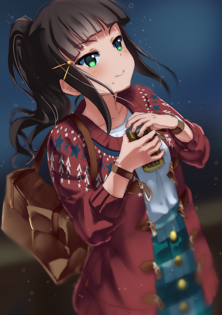 1girl ajapar alternate_hairstyle bag bangs black_hair blunt_bangs bracelet can cardigan collarbone commentary_request green_eyes hair_ornament hairclip handbag highres holding holding_can jewelry kurosawa_dia long_sleeves love_live! love_live!_school_idol_festival love_live!_sunshine!! mole mole_under_mouth night plaid plaid_skirt ponytail red_cardigan shirt sidelocks skirt smile solo sparkle watch watch white_shirt winter_clothes