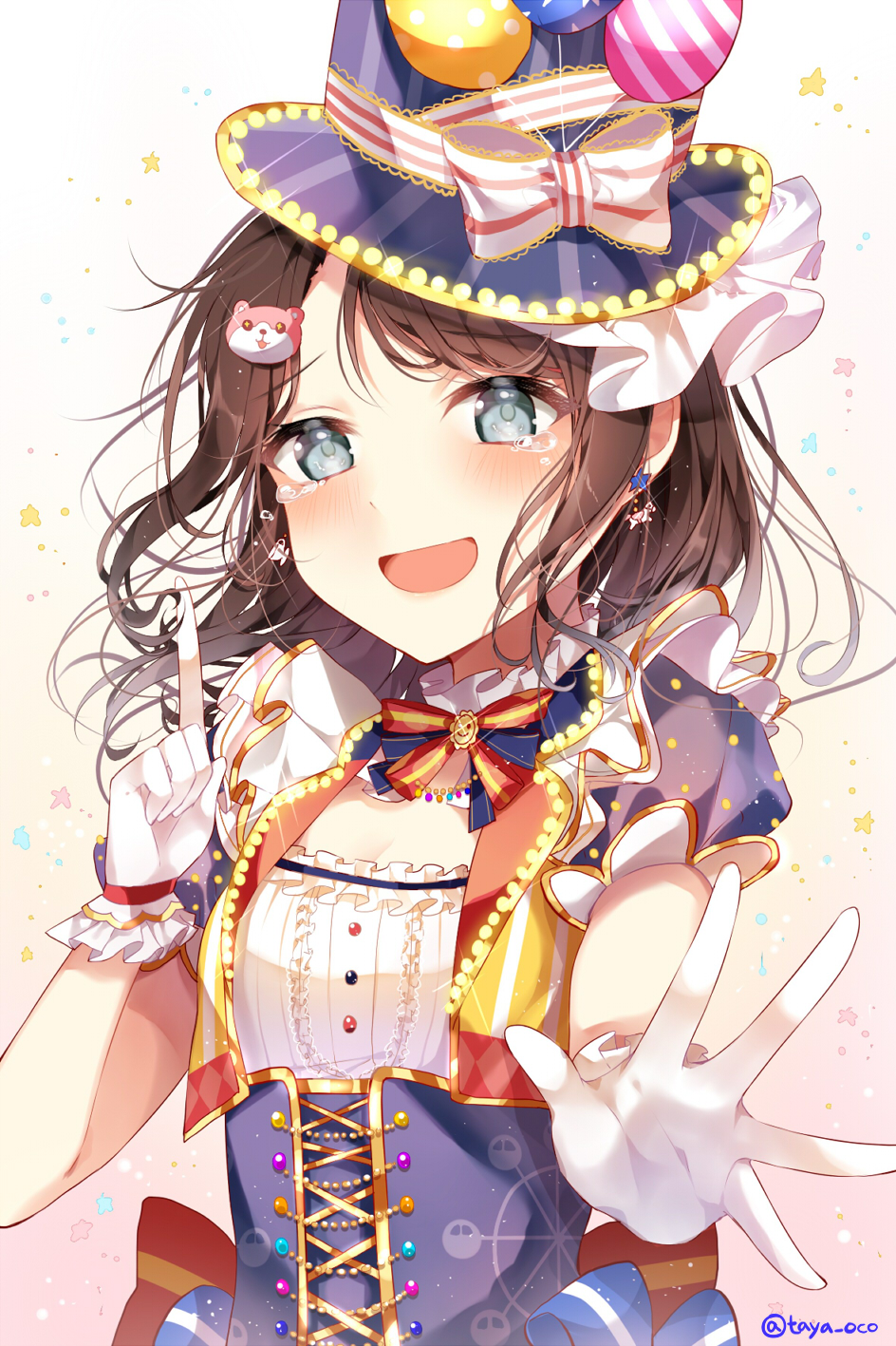 :d back_bow balloon bang_dream! bangs bear_hair_ornament black_hair blue_eyes blue_neckwear blush bow center_frills character_hair_ornament corset cropped_vest crying detached_collar earrings eyebrows_visible_through_hair frilled_gloves frills gloves hair_ornament hat hat_ribbon highres index_finger_raised jewelry looking_at_viewer medium_hair michelle_(bang_dream!) multicolored multicolored_clothes neck_ribbon okusawa_misaki open_mouth outstretched_hand red_neckwear ribbon smile star star_earrings striped striped_neckwear striped_ribbon taya_5323203 teacup_earrings top_hat twitter_username upper_body white_gloves