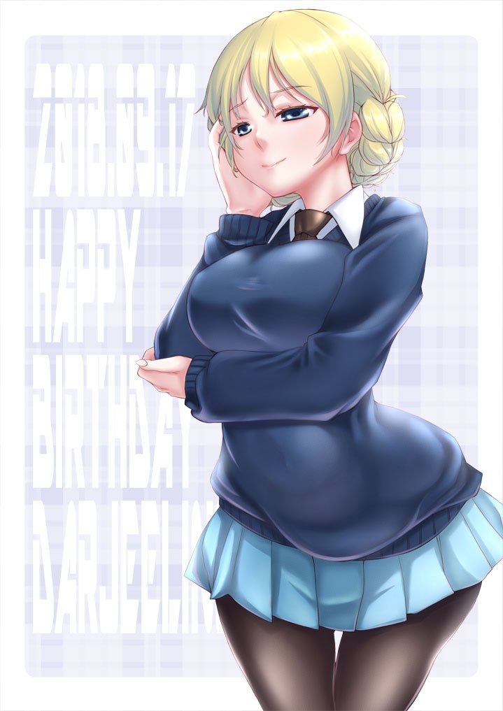 1girl arm_grab bangs black_legwear black_neckwear blonde_hair blue_eyes blue_skirt blue_sweater braid breast_hold breasts character_name closed_mouth commentary_request cowboy_shot darjeeling dress_shirt english eyebrows_visible_through_hair girls_und_panzer half-closed_eyes hand_on_own_face happy_birthday leaning_forward long_sleeves looking_to_the_side miniskirt necktie no_emblem pantyhose partial_commentary pleated_skirt school_uniform shiromitsu_suzaku shirt short_hair skirt smile solo st._gloriana's_school_uniform standing sweater tied_hair twin_braids v-neck white_shirt wing_collar