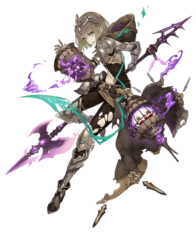 1girl aqua_eyes armored_boots birdcage boots brown_hair cage full_body gauntlets gretel_(sinoalice) halberd hansel_(sinoalice) hood hood_down ji_no navel official_art polearm shield shoulder_armor sinoalice solo torn_clothes transparent_background weapon