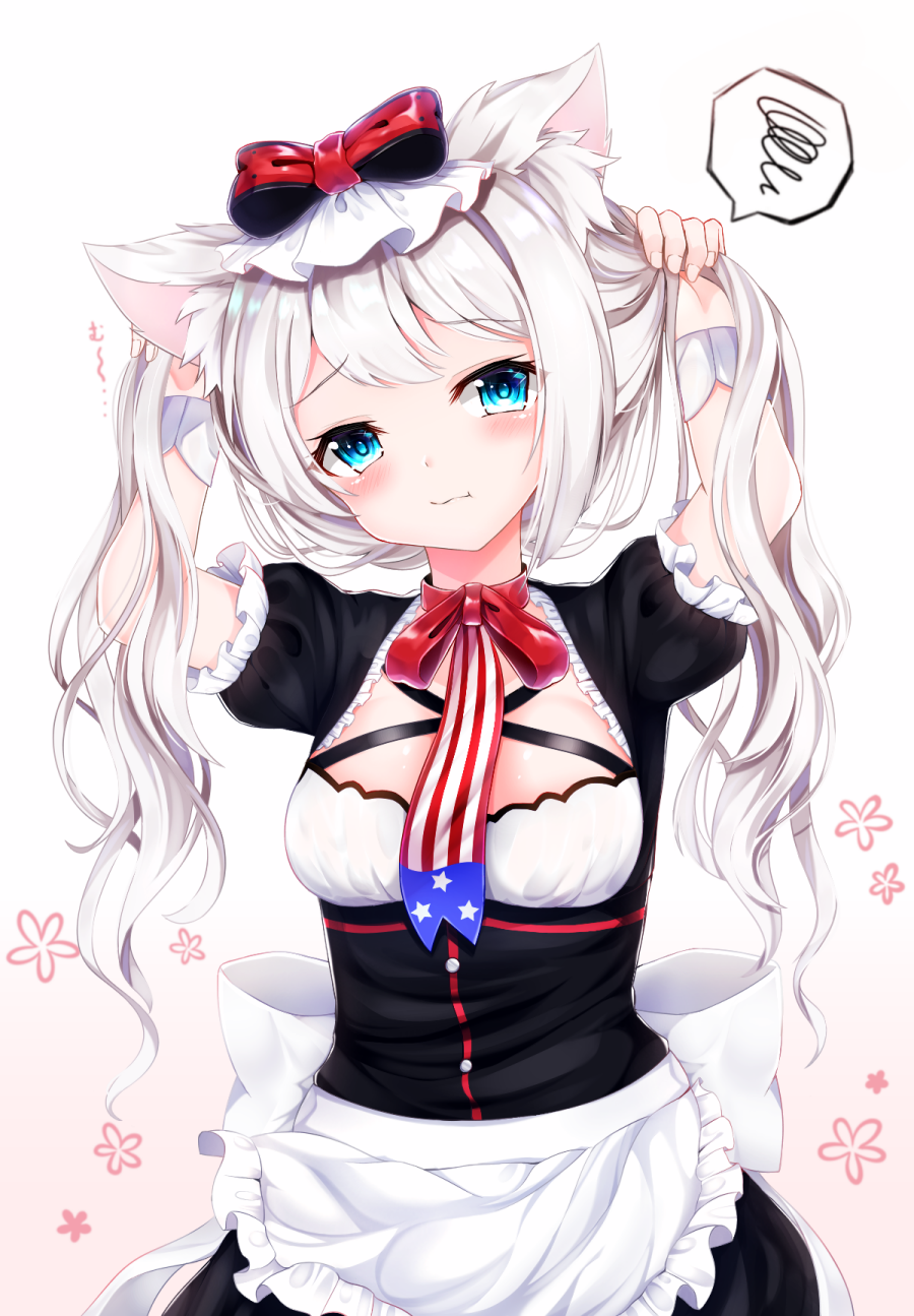 1girl :t american_flag american_flag_print animal_ear_fluff animal_ears apron arms_up azur_lane bangs blue_eyes blush bow breasts brown_background bunching_hair cat_ears closed_mouth commentary_request eyebrows_visible_through_hair flag_print frilled_apron frills gradient gradient_background hair_bow hammann_(azur_lane) head_tilt heart highres long_hair looking_at_viewer nya_rl pout print_neckwear red_bow silver_hair small_breasts solo spoken_squiggle squiggle twintails very_long_hair waist_apron white_apron white_background white_bow wrist_cuffs