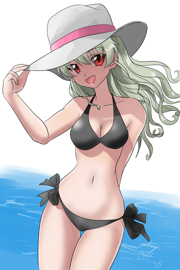 1girl adjusting_clothes adjusting_hat alternate_hairstyle anchovy arm_behind_back artist_name bangs bikini black_bikini breasts cleavage commentary cowboy_shot dated girls_und_panzer hair_down hat long_hair looking_at_viewer matsui_yasutsugu medium_dress navel ocean open_mouth outdoors red_eyes side-tie_bikini signature smile solo standing sun_hat swimsuit thigh_gap wavy_hair white_hat window