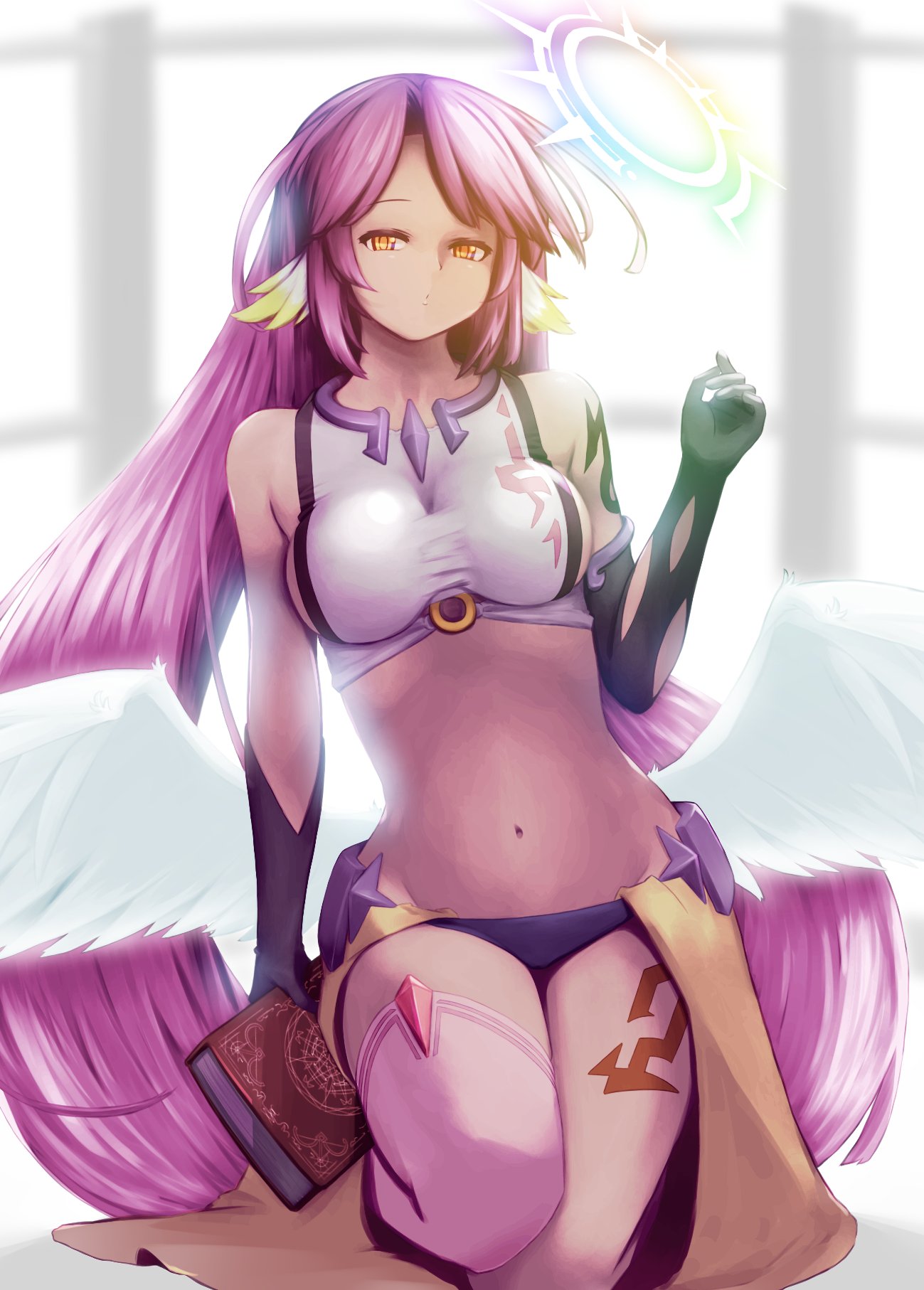 1girl angel_wings artist_request book breasts commentary_request crop_top feathered_wings gloves halo highres holding holding_book jibril_(no_game_no_life) large_breasts long_hair looking_at_viewer low_wings magic_circle midriff mismatched_legwear multicolored multicolored_eyes navel no_game_no_life orange_eyes pink_hair sideboob solo tattoo very_long_hair white_wings wing_ears wings yellow_eyes