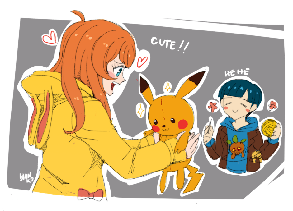 1boy 1girl animal_hood blanko! blue_eyes blue_hair blue_hoodie bunny_hood character_doll closed_eyes creatures_(company) dangan_ronpa dangan_ronpa_3 deku_scrub english game_freak gen_1_pokemon grey_background heart hood hood_down hoodie kibougamine_gakuen_school_uniform long_hair needle nintendo orange_hair pikachu pokemon sewing_needle simple_background sketch smile someya_ryouta sparkle stuffed_toy the_legend_of_zelda the_legend_of_zelda:_majora's_mask thread umesawa_aiko yellow_hoodie