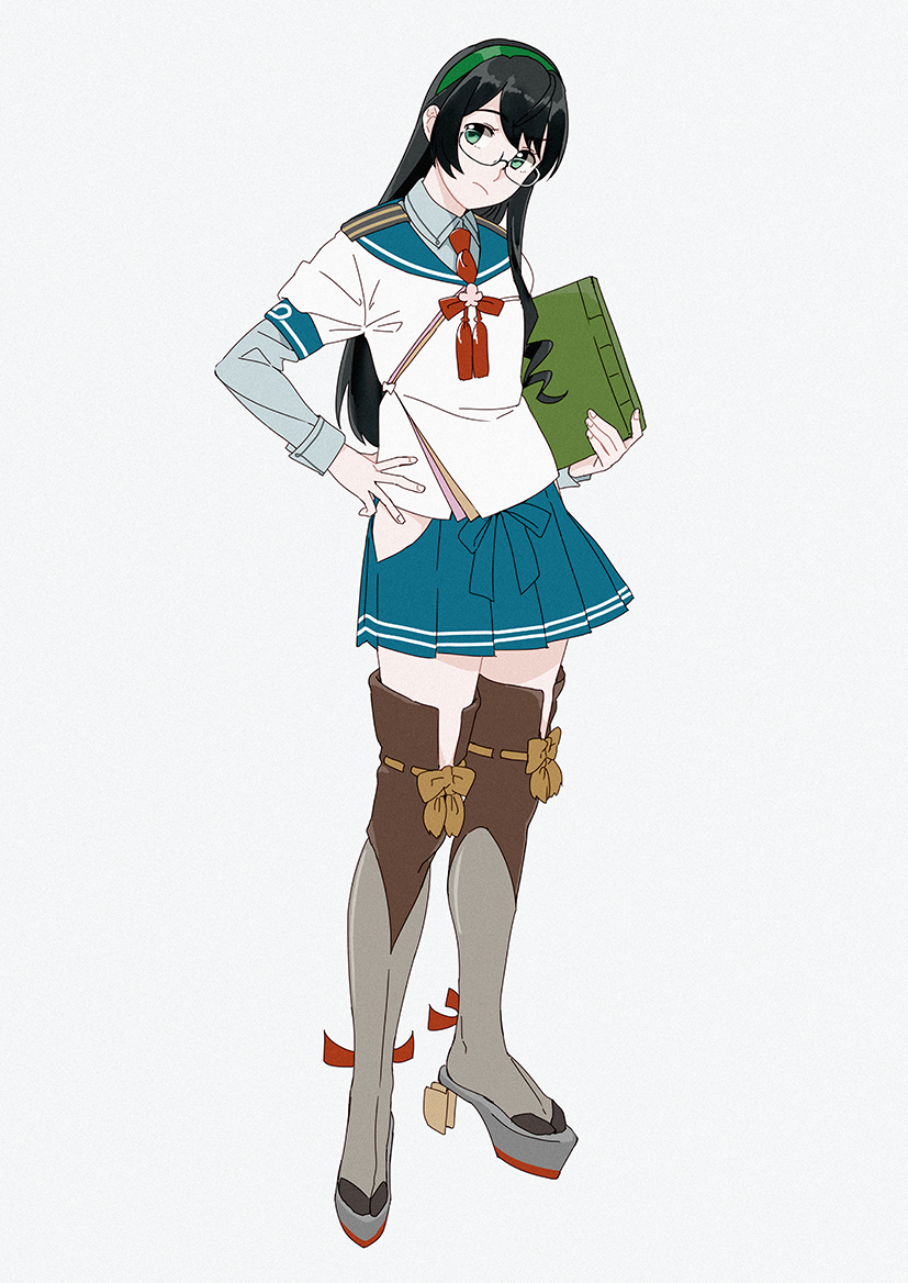 1girl aqua_sailor_collar aqua_skirt bare_hips black_hair boots brown_footwear brown_legwear clipboard commentary_request double_horizontal_stripe film_grain flower_knot full_body glasses green_eyes green_hairband grey_background grey_footwear hairband hand_on_hip head_tilt hip_vent holding kantai_collection layered_sleeves long_hair looking_at_viewer necktie ojipon ooyodo_(kantai_collection) platform_footwear platform_heels pleated_skirt red_neckwear ribbon-trimmed_thighhighs round_eyewear rudder_shoes sailor_collar school_uniform semi-rimless_eyewear serafuku simple_background single_stripe skirt sleeve_cuffs solo standing tassel thigh-highs thigh_boots under-rim_eyewear wing_collar