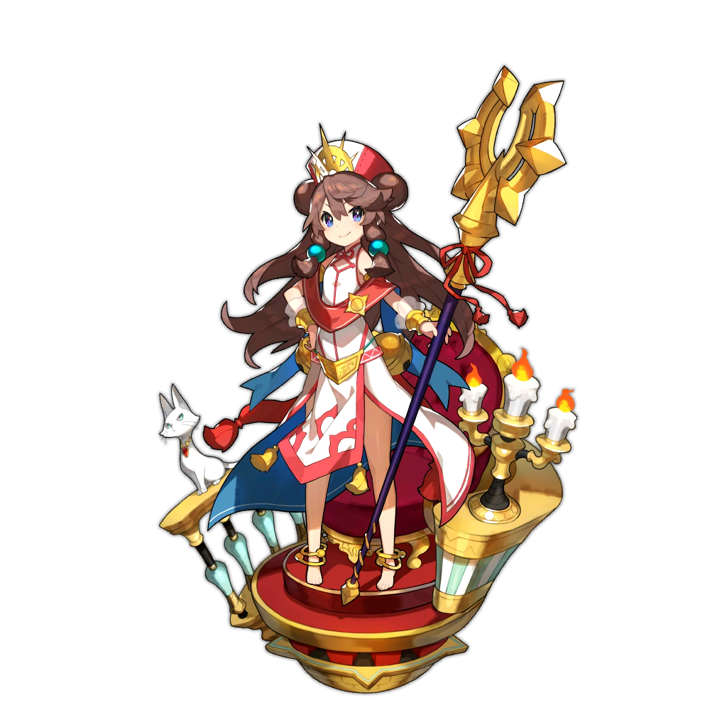 1girl amane_(dragalia_lost) artist_request barefoot braid candle candlestand cat chair child circlet dragalia_lost gem hand_on_hip long_hair looking_at_viewer official_art robe smile staff stairs twin_braids