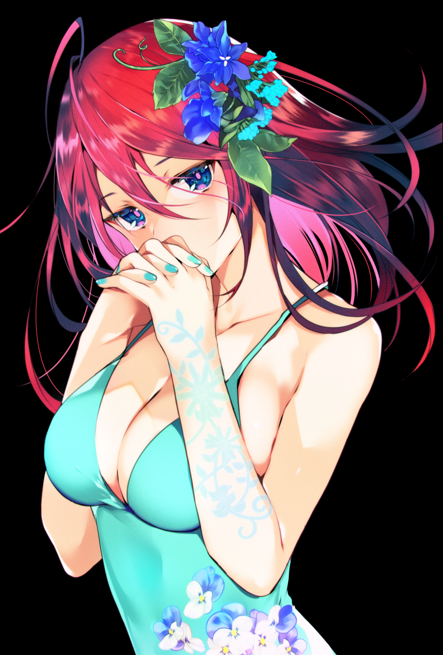 1girl arm_tattoo bangs bare_arms bare_shoulders black_background blue_dress blue_eyes blue_flower breasts cleavage collarbone commentary_request covered_mouth dress eyebrows_visible_through_hair floral_print flower hair_between_eyes hair_flower hair_ornament hands_clasped hands_up head_tilt highres long_hair medium_breasts original own_hands_together print_dress redhead sleeveless sleeveless_dress solo tattoo tetsubuta upper_body