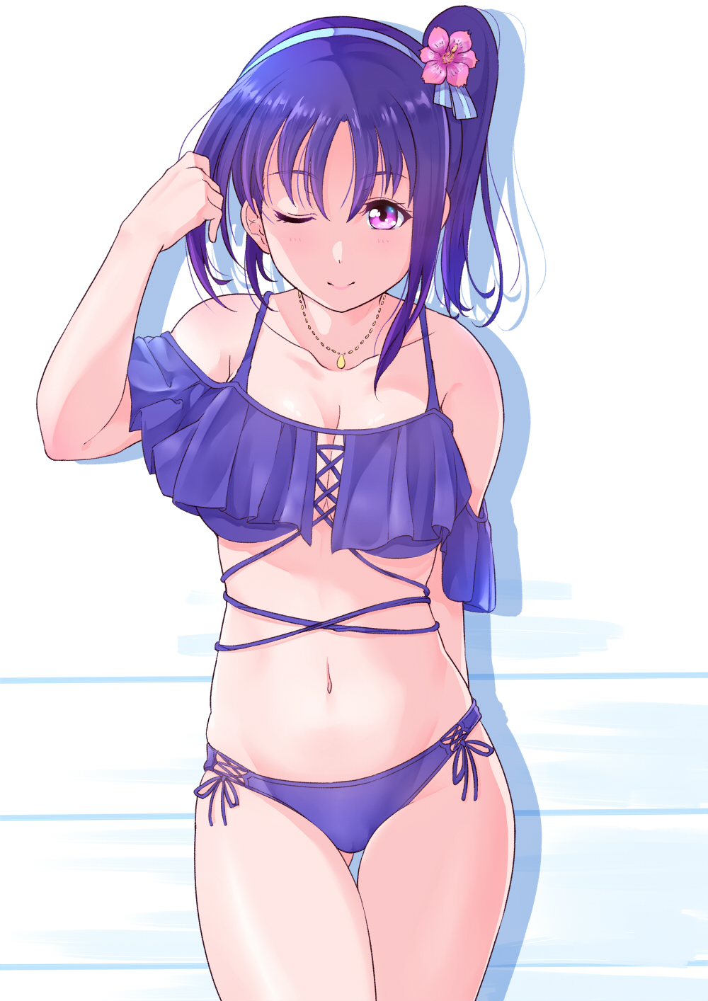 1girl adjusting_hair bikini breasts cleavage collarbone cowboy_shot cross-laced_clothes flower gluteal_fold hair_flower hair_ornament highres jewelry kanabun kazuno_leah large_breasts looking_at_viewer love_live! love_live!_sunshine!! navel necklace off_shoulder one_eye_closed pink_eyes purple_hair shiny shiny_skin side-tie_bikini side_ponytail solo swimsuit thigh_gap