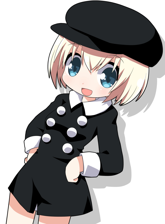 1girl :d bangs black_dress black_hat blonde_hair blue_eyes breasts cabbie_hat character_request collared_dress commentary_request cowboy_shot dress eyebrows_visible_through_hair hair_between_eyes hands_on_hips hat hi_no_tori long_sleeves open_mouth osaragi_mitama shadow short_hair small_breasts smile solo white_background