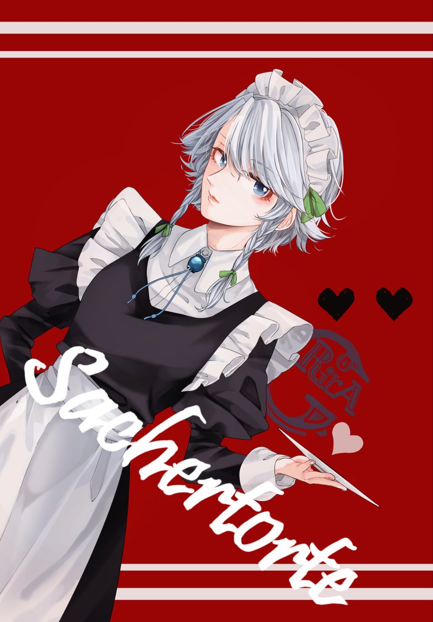 1girl apron bangs black_dress blue_eyes bow braid commentary_request cover cowboy_shot dress eyebrows_visible_through_hair green_bow hair_between_eyes hair_bow heart highres holding holding_tray izayoi_sakuya juliet_sleeves lipstick long_sleeves maid maid_apron maid_headdress makeup pink_lips pink_lipstick puffy_sleeves red_background short_hair silver_hair simple_background solo souta_(karasu_no_ouchi) standing swept_bangs touhou tray twin_braids waist_apron white_apron wing_collar