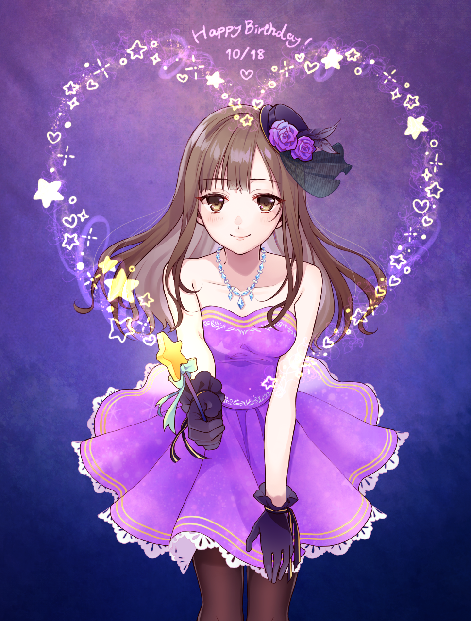1girl bare_shoulders black_gloves black_hat blue_background blush brown_eyes brown_hair brown_legwear chisumi closed_mouth collarbone commentary_request dated dress flower gloves gradient gradient_background hand_on_leg happy_birthday hat hat_flower heart highres holding holding_wand idolmaster idolmaster_cinderella_girls jewelry long_hair mizumoto_yukari pantyhose pendant pleated_dress purple_background purple_dress purple_flower purple_rose rose smile solo star strapless strapless_dress tilted_headwear wand