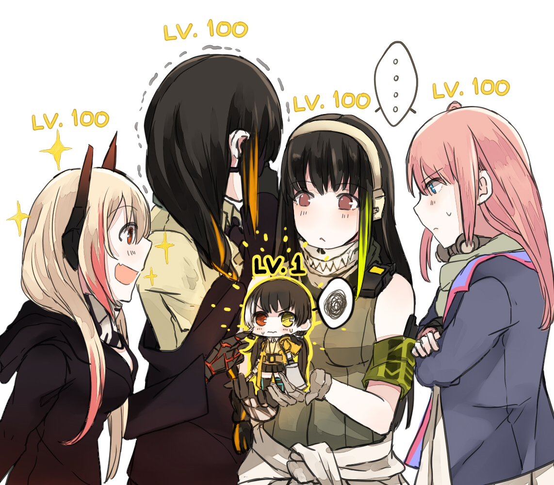 5girls anti-rain_(girls_frontline) artist_request chibi commentary_request confused giggling girls_frontline gloves happy heterochromia laughing level_up looking_back m16a1_(girls_frontline) m4_sopmod_ii_(girls_frontline) m4a1_(girls_frontline) multiple_girls ro635_(girls_frontline) smile st_ar-15_(girls_frontline)