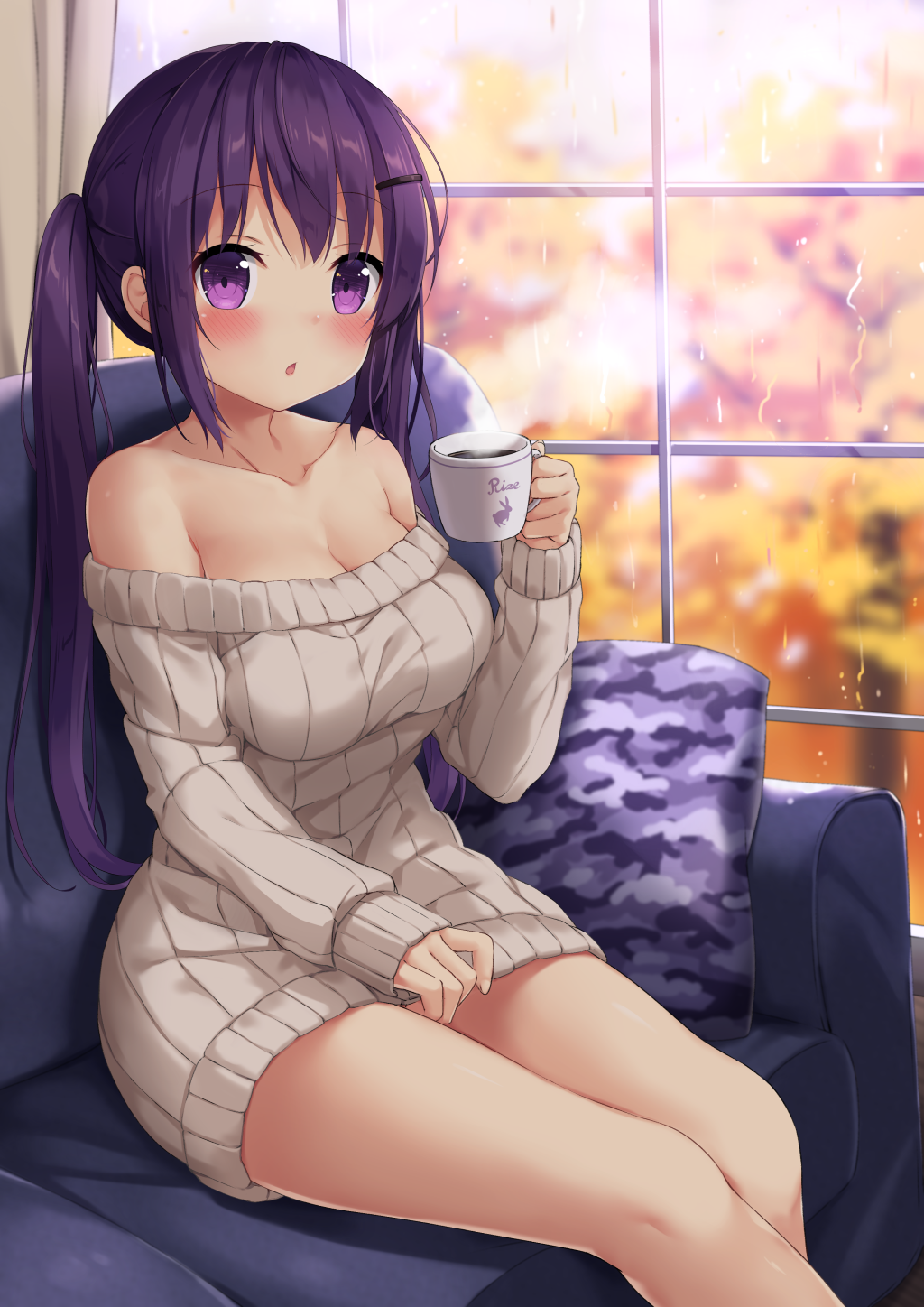 1girl bangs bare_shoulders blurry blurry_background blush breasts brown_sweater camouflage cleavage coffee collarbone commentary_request couch cup depth_of_field eyebrows_visible_through_hair ezoshika fingernails gochuumon_wa_usagi_desu_ka? hair_ornament hairclip highres holding holding_cup indoors long_hair long_sleeves medium_breasts off-shoulder_sweater on_couch parted_lips pillow purple_hair rain sidelocks sitting sleeves_past_wrists solo steam sweater tedeza_rize twintails very_long_hair violet_eyes window