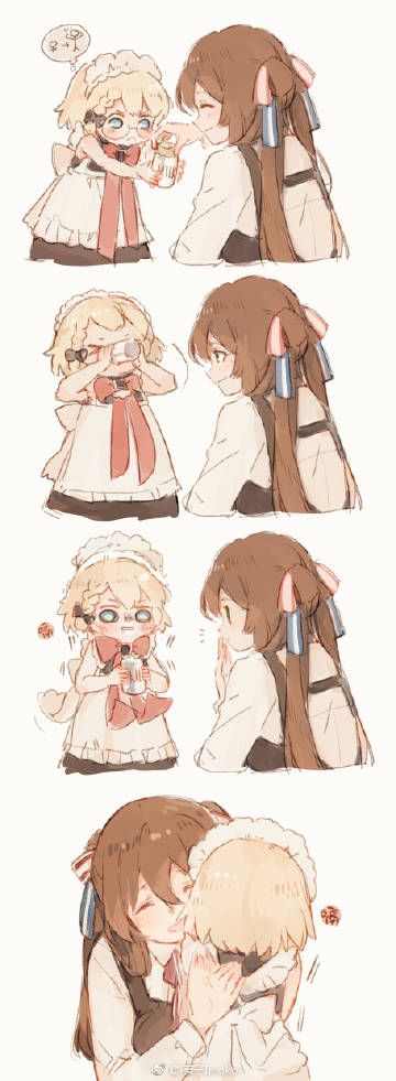 2girls apron artist_request blonde_hair braid brown_hair chinese_commentary commentary_request drinking g36_(girls_frontline) girls_frontline glasses hiccup hug m1903_springfield_(girls_frontline) maid_headdress milk multiple_girls smile younger