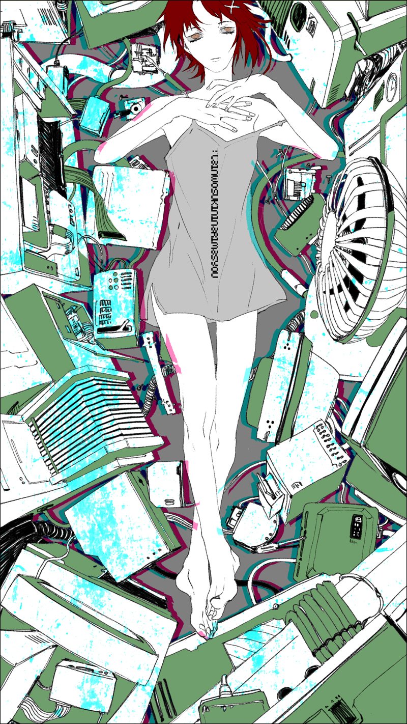 asymmetrical_hair bare_arms bare_legs bare_shoulders barefoot breasts brown_eyes brown_hair cable computer electric_fan eyelashes floppy_disk full_body hair_ornament highres indoors iwakura_lain looking_at_viewer lying monitor mzet on_back screw screwdriver serial_experiments_lain small_breasts toenails toes x_hair_ornament