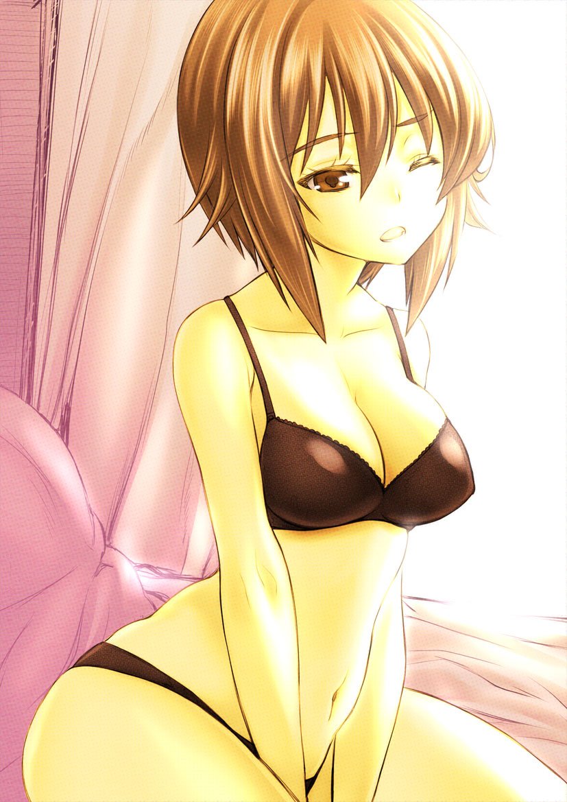 1girl backlighting bangs bed_sheet black_bra black_panties bra breasts brown_eyes cleavage commentary curtains day eyebrows_visible_through_hair frown girls_und_panzer lace lace-trimmed_bra medium_breasts navel nishizumi_maho on_bed one_eye_closed open_mouth panties shiromitsu_suzaku short_hair sitting solo underwear v_arms wariza wince window