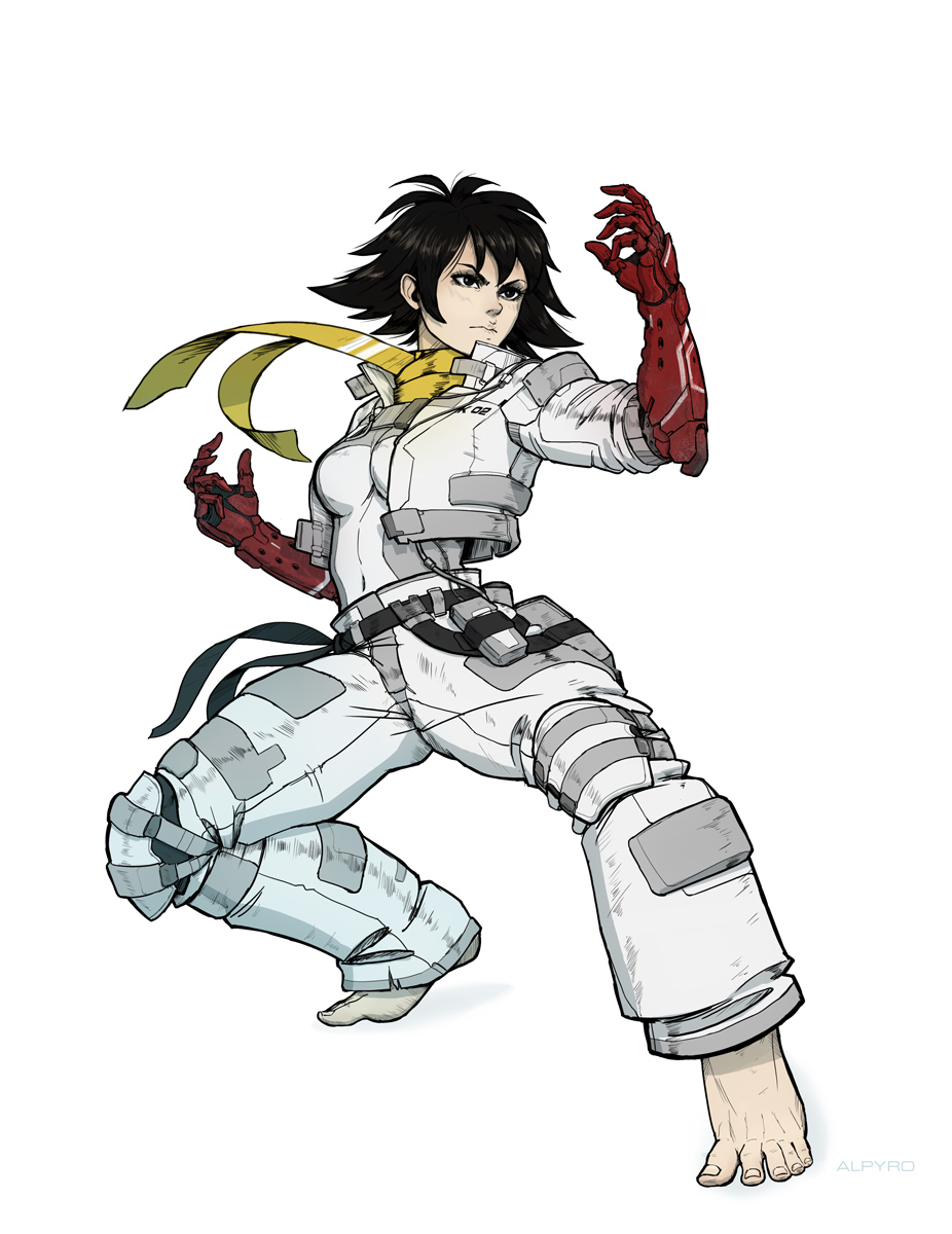 1girl alternate_costume barefoot belt black_eyes black_hair breasts choker commentary cropped_jacket cyborg english_commentary eyeliner fighting_stance full_body highres jacket knee_pads makeup makoto_(street_fighter) mechanical_arms medium_breasts paul_remy ribbon ribbon_choker short_hair solo street_fighter toes tomboy white_background white_jacket yellow_ribbon