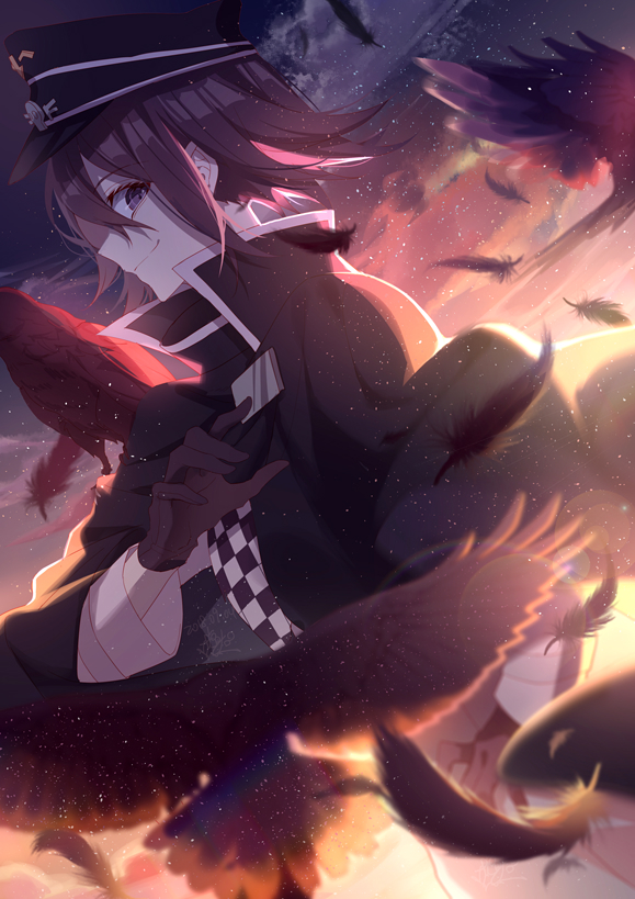 1boy black_feathers black_gloves black_hair black_hat dangan_ronpa floating_hair from_side gloves hair_between_eyes hat lens_flare looking_at_viewer male_focus new_dangan_ronpa_v3 ouma_kokichi outdoors shiozakana smile solo violet_eyes