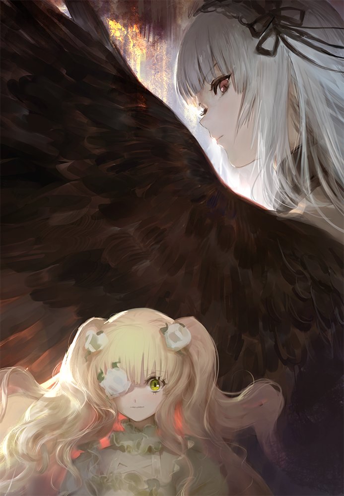 2girls bangs black_hairband black_ribbon black_wings blonde_hair closed_mouth feathered_wings flower flower_eyepatch green_eyes hairband hit-kun kirakishou lolita_fashion lolita_hairband long_hair multiple_girls red_eyes ribbon rose rozen_maiden silver_hair suigintou twintails white_flower white_rose wings