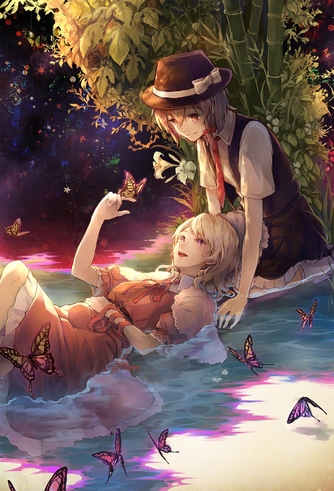 2girls bamboo belt blonde_hair bow brown_hair bug butterfly capelet commentary_request dress fedora frilled_skirt frills hat hat_bow highres insect lap_pillow maribel_hearn mob_cap multiple_girls neck_ribbon necktie no_hat no_headwear partially_submerged plant pleated_skirt purple_dress ribbon seiza shirt short_hair short_sleeves sitting skirt touhou usami_renko vest water white_bow white_legwear white_shirt