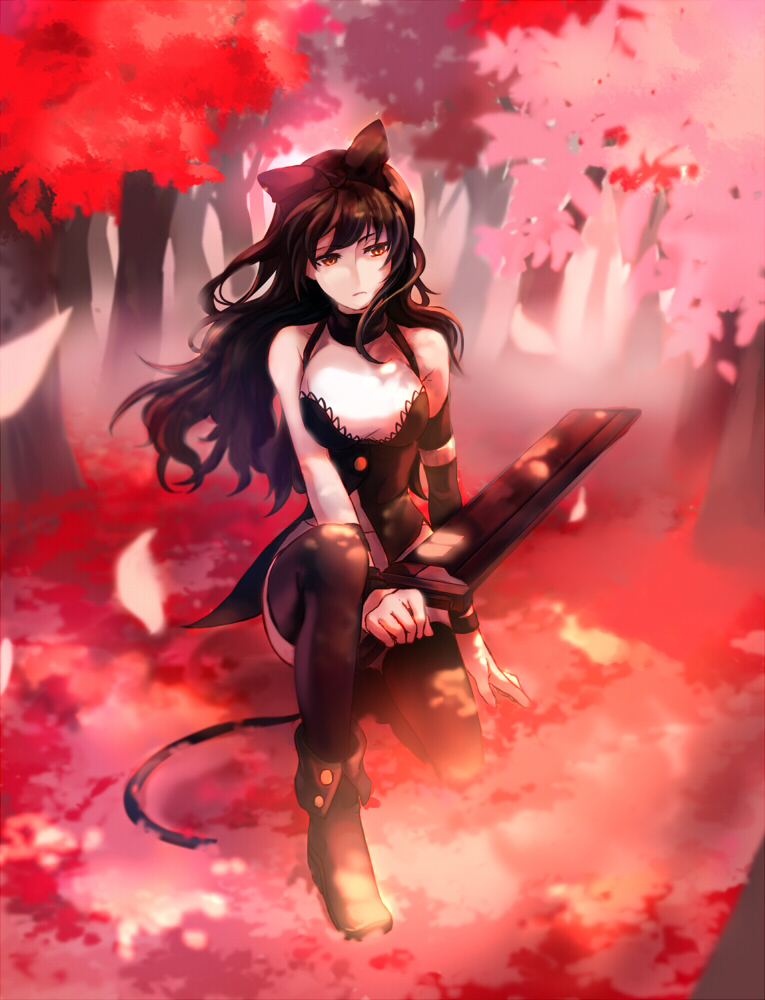 1girl bangs bare_shoulders black_footwear black_hair black_legwear blake_belladonna bow breasts brown_eyes coattails detached_sleeve full_body hair_bow holding holding_weapon kneeling leaf long_hair medium_breasts pollypeggy2002 rwby shirt sleeveless sleeveless_shirt solo tree weapon