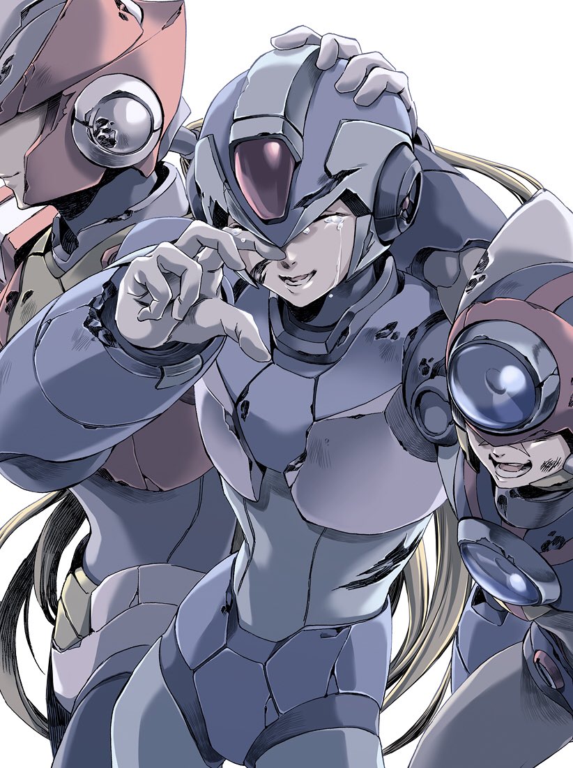 3boys android arm_around_shoulder axl blonde_hair capcom closed_eyes crying gloves hand_on_another's_head helmet long_hair male_focus multiple_boys open_mouth ponytail rockman rockman_x simple_background smile tears teeth white_gloves wiping_eyes wiping_tears x_(rockman) zero_(rockman)