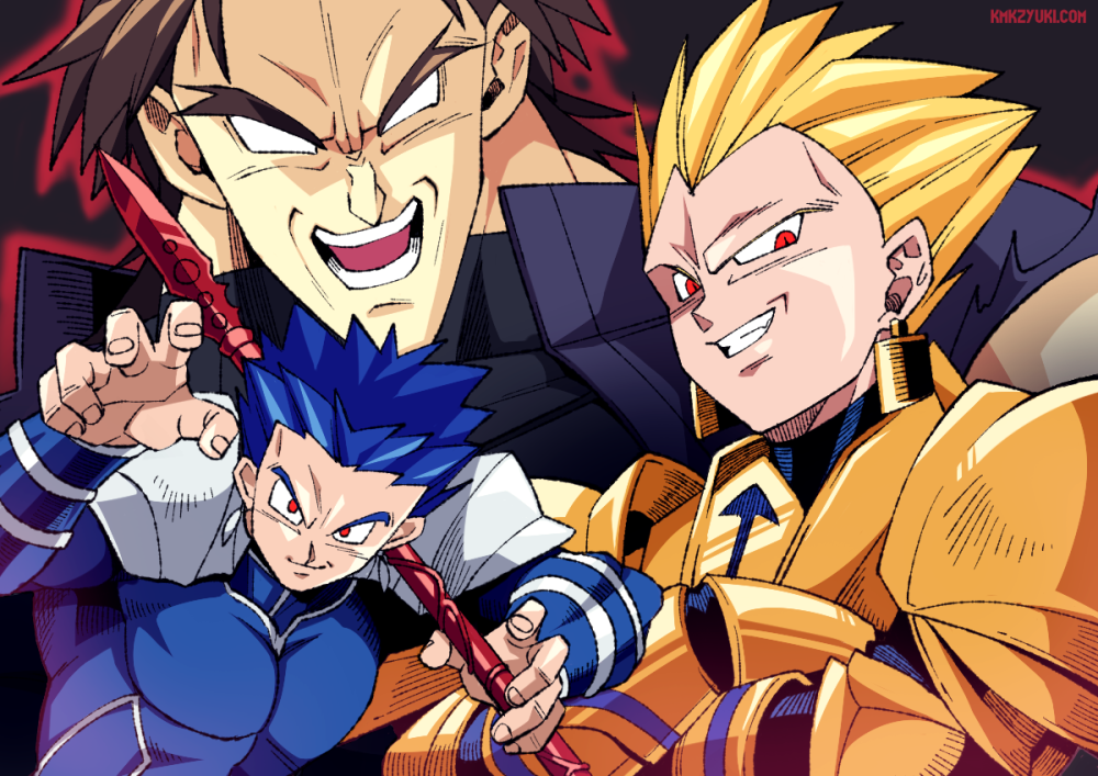 3boys armor blank_eyes blonde_hair blue_hair brown_hair crossed_arms cu_chulainn_(fate)_(all) dragon_ball dragonball_z earrings fate/stay_night fate_(series) gae_bolg gilgamesh grin jewelry kotomine_kirei lancer multiple_boys no_eyebrows parody pointy_hair red_eyes sakurai_yuuki shoulder_pads smile style_parody toriyama_akira_(style)