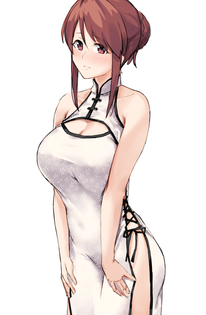 1girl bangs bare_shoulders blush breasts brown_eyes brown_hair china_dress chinese_clothes cleavage cleavage_cutout cross-laced_clothes deneb_(noble324) dress hair_bun hips idolmaster idolmaster_cinderella_girls large_breasts long_hair looking_at_viewer mifune_miyu side_slit sidelocks simple_background sleeveless solo swept_bangs thighs tied_hair white_background white_dress