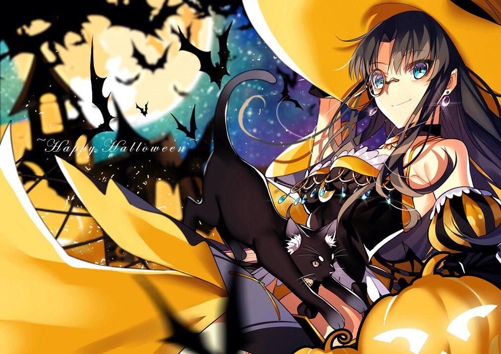1girl alternate_costume bangs bare_shoulders bat black_dress black_hair blue_eyes breasts cat choker closed_mouth detached_sleeves dress earrings fate/stay_night fate_(series) full_moon halloween happy_halloween hat jack-o'-lantern jewelry long_hair looking_at_viewer medium_breasts monocle moon night night_sky orange_hat parted_bangs pendant puffy_sleeves pumpkin sky smile tohsaka_rin witch witch_hat yaoshi_jun