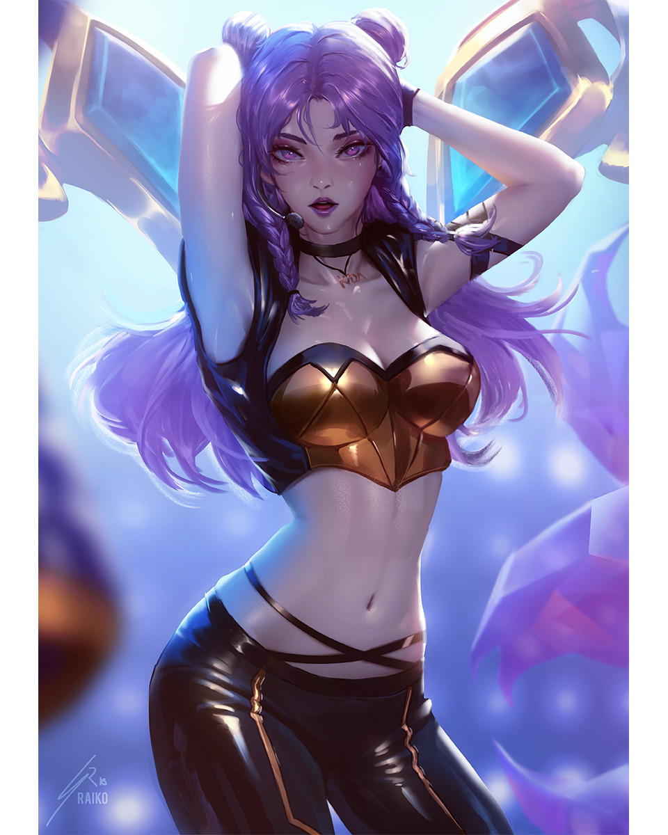 1girl arms_up blurry blurry_background braid breasts bustier choker collarbone double_bun facial_mark gloves highres k/da-kai'sa kai'sa large_breasts league_of_legends long_hair looking_at_viewer navel open_mouth pants purple_hair purple_lips raikoart signature solo tight tight_pants twin_braids violet_eyes