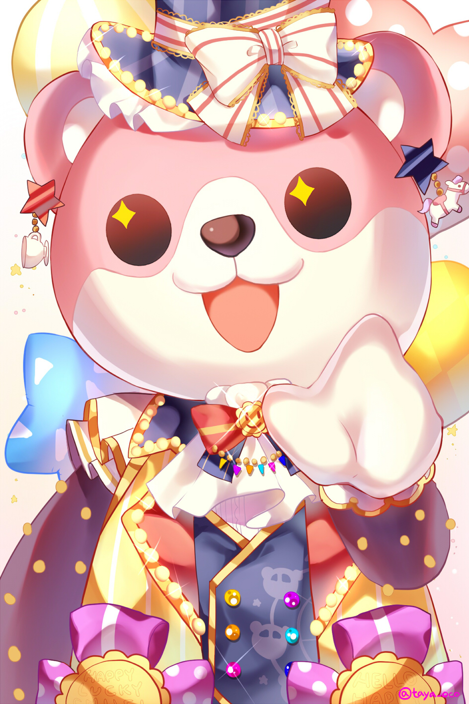 +_+ 1girl :3 :d animal_costume ascot balloon bang_dream! bear_costume bow bowtie earrings hat hat_ribbon highres jewelry looking_at_viewer mascot_costume michelle_(bang_dream!) multicolored multicolored_clothes open_mouth pointing pointing_at_viewer ribbon smile solo star star_earrings striped striped_ribbon taya_5323203 teacup_earrings top_hat twitter_username vest