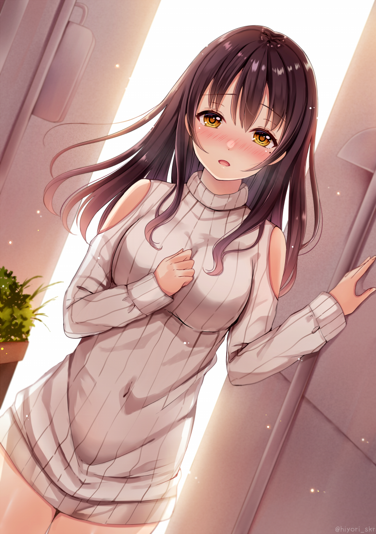 1girl bangs blush breasts brown_eyes brown_hair commentary_request day eyebrows_visible_through_hair fingernails hair_between_eyes hand_on_own_chest hands_up long_hair medium_breasts mole mole_under_eye nose_blush original parted_lips ribbed_sweater sakura_hiyori shoulder_cutout solo standing sunlight sweater white_sweater