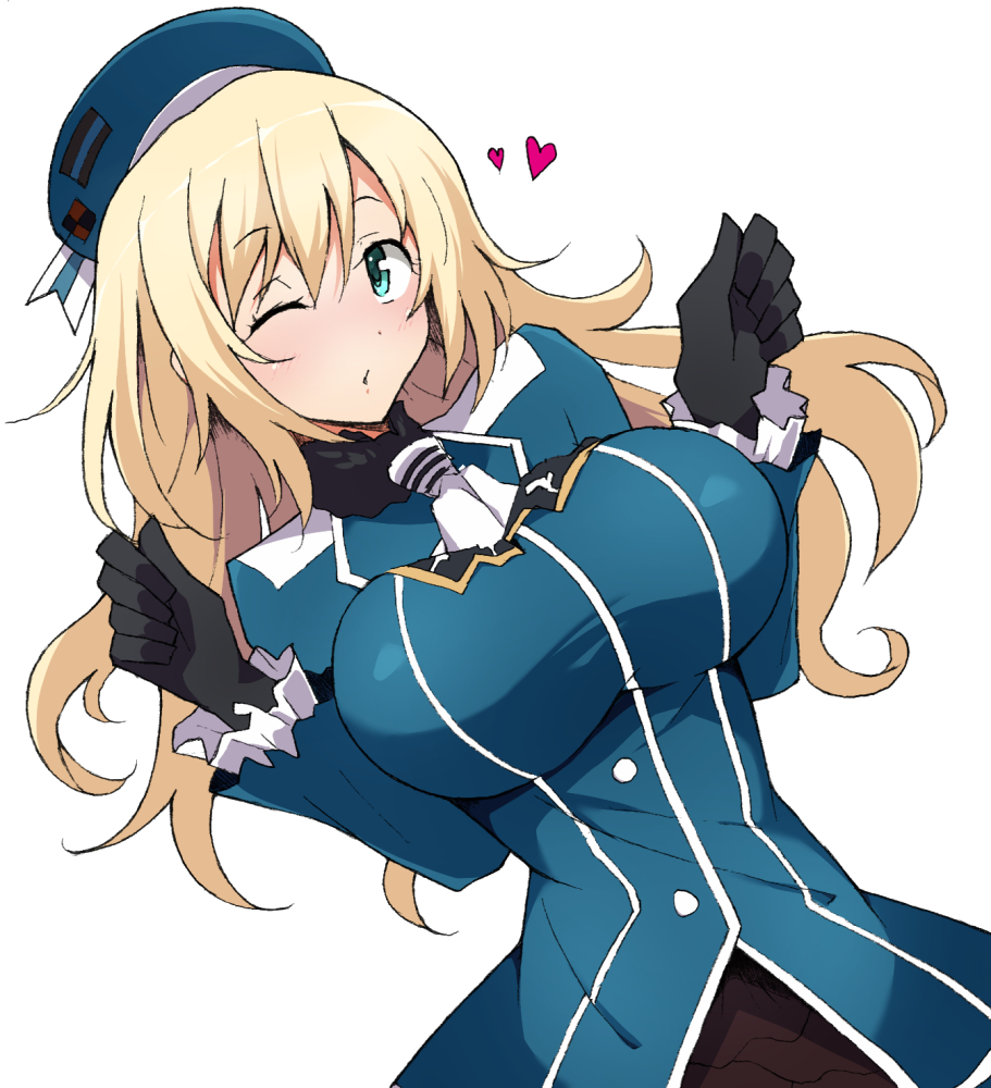 1girl :o atago_(kantai_collection) beret black_gloves black_shirt blonde_hair blue_hat blue_jacket blush breasts gloves green_eyes hat heart jacket kantai_collection large_breasts long_hair looking_at_viewer military military_uniform nel-c one_eye_closed open_mouth pantyhose shirt simple_background smile solo tailcoat uniform white_background white_neckwear