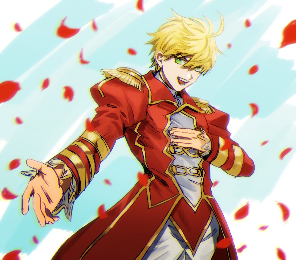 1boy adapted_costume blue_background cowboy_shot epaulettes fate/extra fate_(series) genderswap genderswap_(ftm) green_eyes hand_on_own_chest juliet_sleeves long_sleeves looking_at_viewer male_focus nero_claudius_(fate) nero_claudius_(fate)_(all) outstretched_arm pants petals puffy_sleeves simple_background smile solo white_pants zero-souma