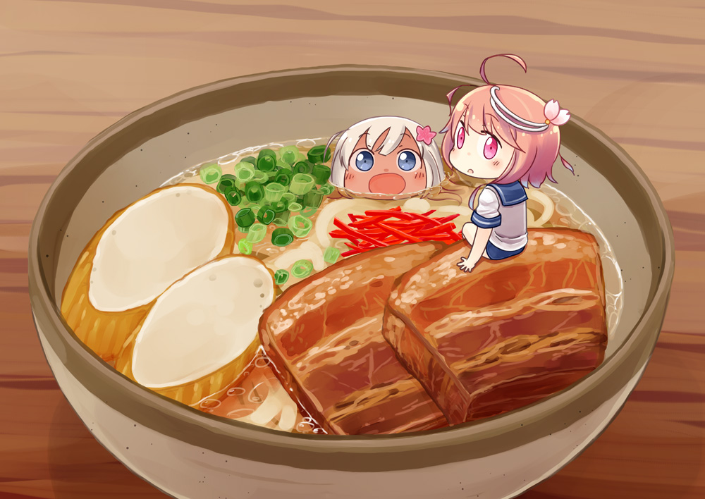 2girls ahoge bangs bowl chibi commentary_request eyebrows_visible_through_hair flower food hair_flower hair_ornament hinata_yuu i-58_(kantai_collection) kantai_collection looking_at_viewer meat multiple_girls noodles one-piece_swimsuit open_mouth pink_eyes pink_hair ramen ro-500_(kantai_collection) school_swimsuit school_uniform serafuku short_hair sitting sitting_on_food spring_onion submerged swimsuit swimsuit_under_clothes water white_hair