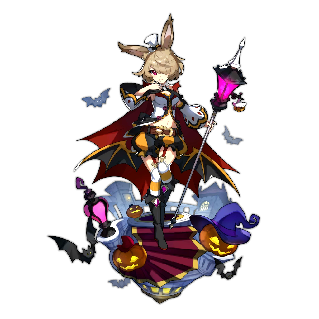 1girl alternate_costume althemia animal_ears artist_request bat boots breasts brown_hair cleavage dragalia_lost garter_straps holding lamp lampion looking_at_viewer official_art rabbit_ears red_eyes shorts staff thigh-highs