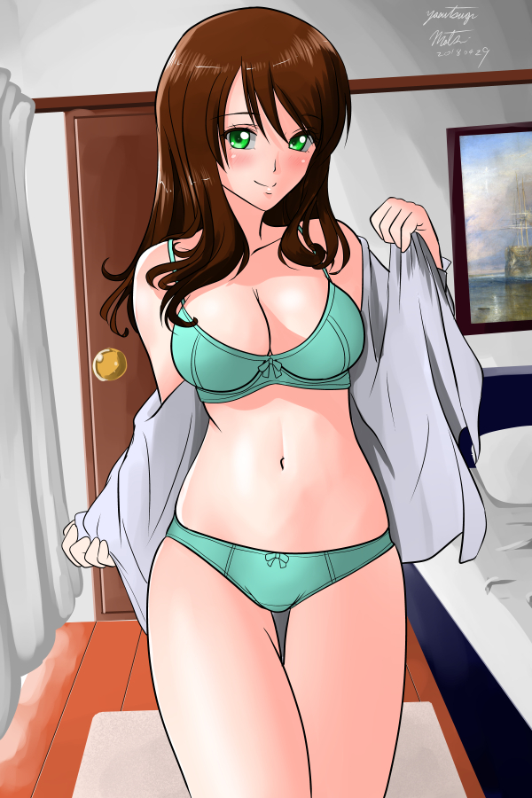 1girl artist_name bangs bed bedroom bow bow_bra bow_panties bra breasts brown_hair cleavage closed_mouth cowboy_shot crotch_seam curtains door dress_shirt green_bra green_eyes green_panties indoors large_breasts long_hair long_sleeves looking_at_viewer matsui_yasutsugu mature navel no_pants off_shoulder open_clothes open_shirt opened_by_self original panties picture_(object) shirt signature smile solo standing swept_bangs thigh_gap thighs underwear white_shirt wooden_floor
