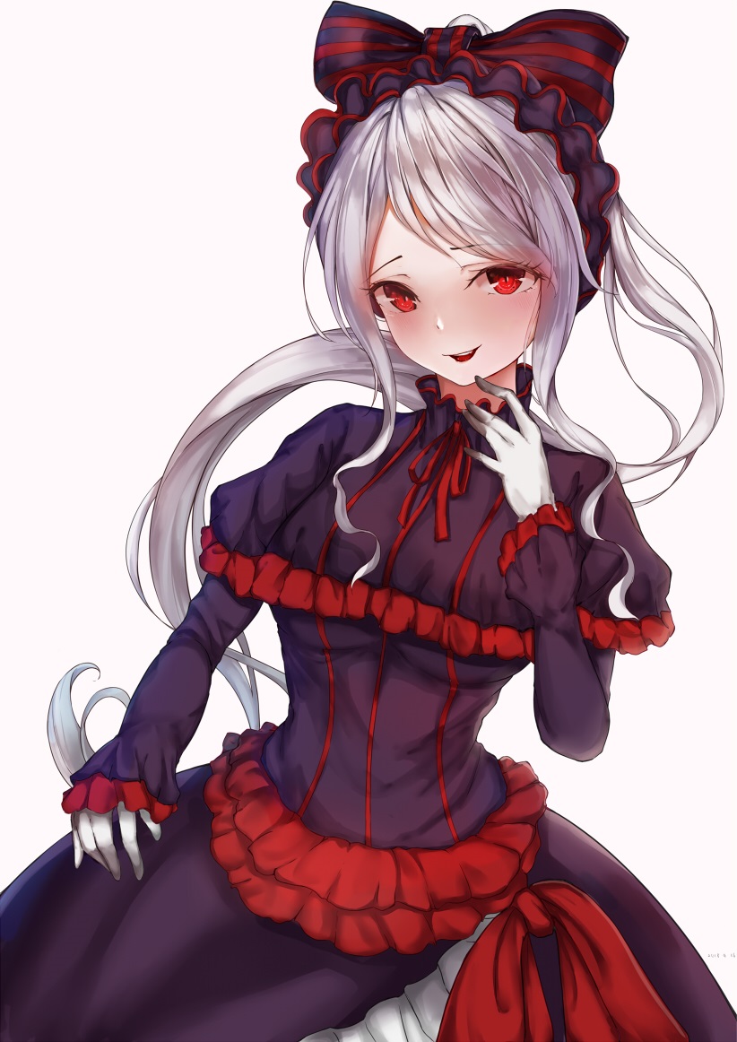1girl :d bangs black_dress bow dress floating_hair gloves gothic_lolita hair_bow kou_futoshi lolita_fashion long_hair long_sleeves open_mouth overlord_(maruyama) parted_bangs ponytail red_eyes shalltear_bloodfallen silver_hair simple_background smile solo striped striped_bow very_long_hair white_background white_gloves
