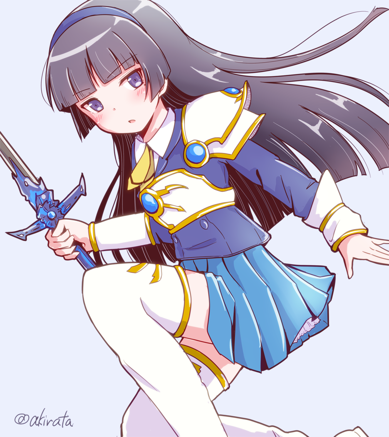 1girl bangs black_hair blue_eyes blue_shirt blue_skirt blunt_bangs blush breastplate eyebrows_visible_through_hair floating_hair gokou_ruri grey_background herunin hime_cut holding holding_sword holding_weapon long_hair looking_at_viewer miniskirt one_knee open_mouth ore_no_imouto_ga_konna_ni_kawaii_wake_ga_nai pleated_skirt shirt shoulder_armor simple_background sketch skirt solo spaulders sword thigh-highs twitter_username very_long_hair weapon white_legwear zettai_ryouiki