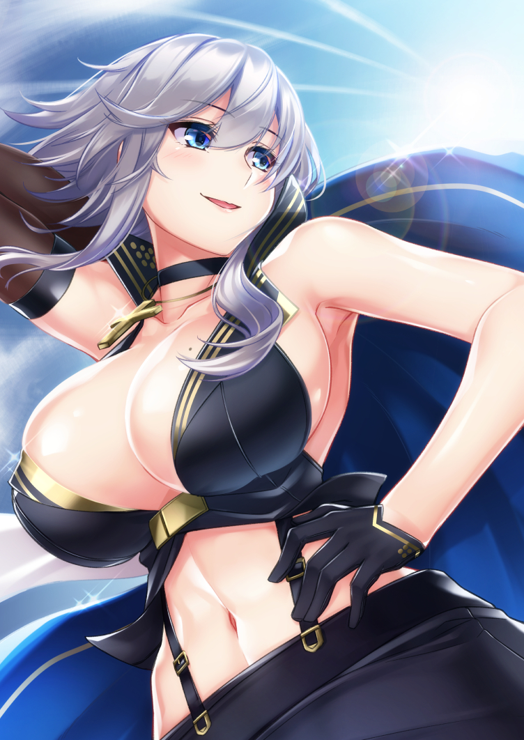 1girl azur_lane bangs black_gloves blue_eyes breasts choker cleavage cross cross_necklace eyebrows_visible_through_hair gloves hair_between_eyes jacket_on_shoulders jewelry ken_ill large_breasts navel necklace short_hair silver_hair skirt solo washington_(azur_lane)