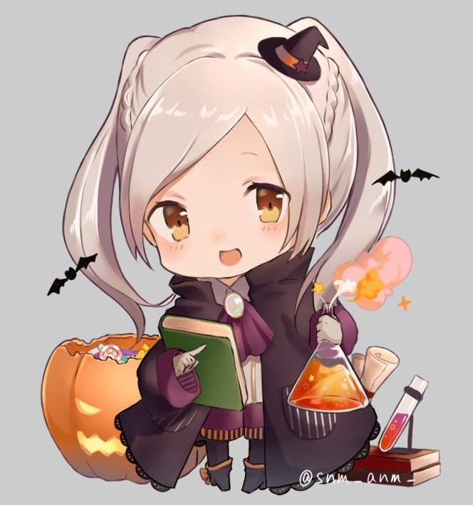 1girl bat book brown_eyes candy chibi cute female_my_unit_(fire_emblem:_kakusei) fire_emblem fire_emblem:_kakusei fire_emblem_awakening fire_emblem_heroes flask food grey_background halloween_costume hat intelligent_systems jack-o'-lantern long_sleeves my_unit_(fire_emblem:_kakusei) nintendo open_mouth reflet robin_(fire_emblem) robin_(fire_emblem)_(female) simple_background snk_anm test_tube twintails twitter_username white_hair witch_hat