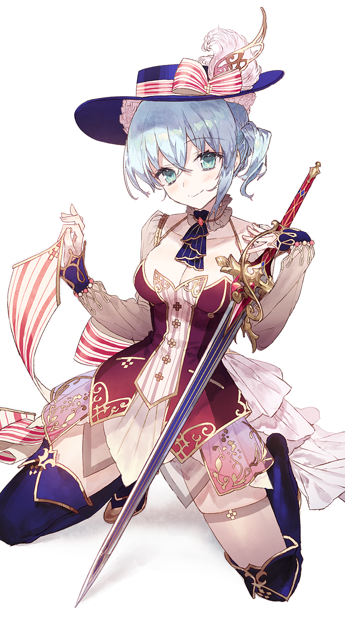 1girl atelier_(series) back_bow blue_eyes blue_hat blue_legwear bow breasts choker cleavage closed_mouth detached_sleeves full_body hat hat_bow highres kneeling looking_at_viewer medium_breasts nelke_to_densetsu_no_renkinjutsushi_tachi nelke_von_luchetam noco_(adamas) official_art short_hair side_ponytail silver_hair skirt smile solo striped striped_bow sword thigh-highs weapon white_skirt white_sleeves zettai_ryouiki