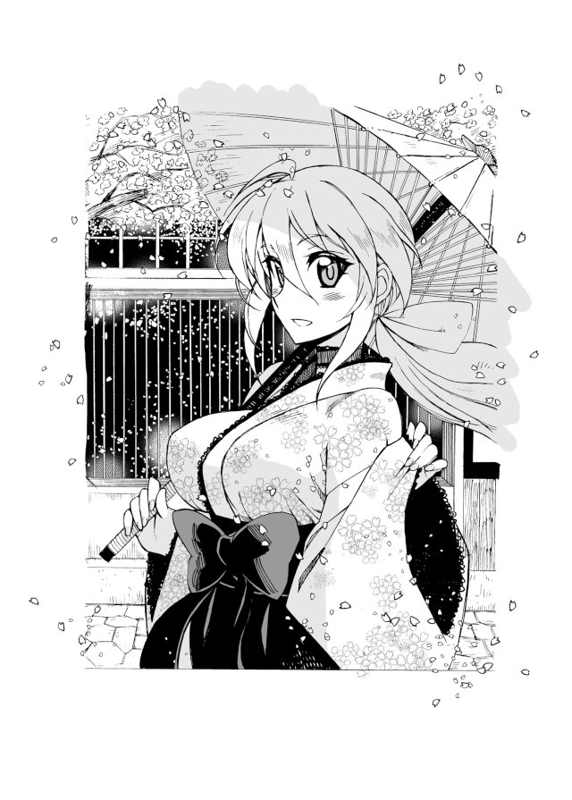 1girl ahoge blush_stickers breasts cherry_blossoms hair_ribbon japanese_clothes kusanagi_tonbo large_breasts low_ponytail monochrome original ribbon solo umbrella