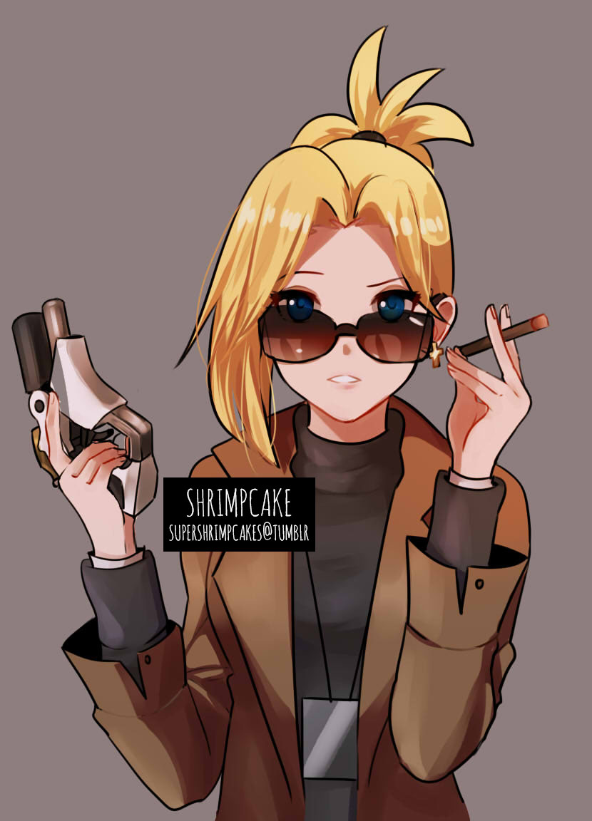 1girl black_sweater blonde_hair blue_eyes brown_coat coat cross cross_earrings earrings grey_background gun hair_over_one_eye handgun holding holding_gun holding_weapon jewelry mercy_(overwatch) overwatch pistol rimless_eyewear short_ponytail smoking solo sunglasses supershrimpcakes sweater trench_coat trigger turtleneck turtleneck_sweater weapon