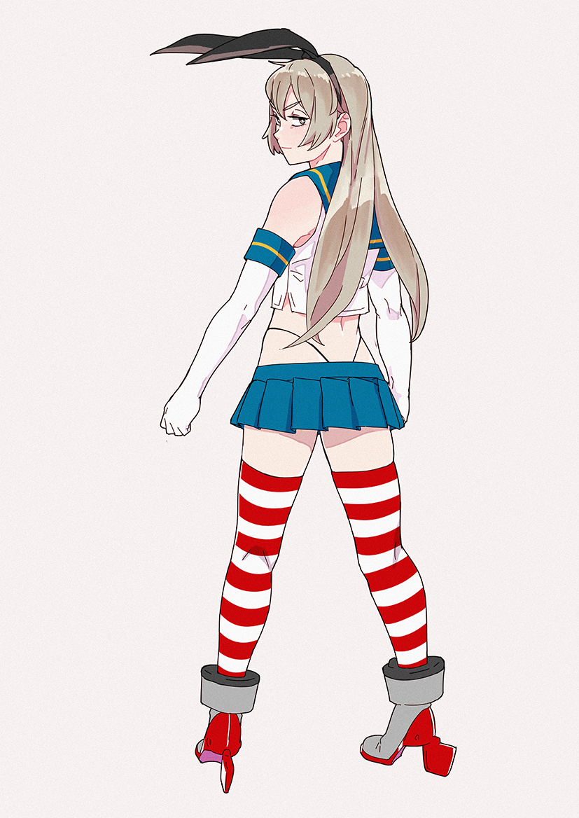 1girl black_panties blonde_hair blue_sailor_collar blue_skirt commentary_request crop_top elbow_gloves from_behind full_body gloves grey_background grey_eyes hairband highleg highleg_panties kantai_collection long_hair microskirt ojipon panties sailor_collar shimakaze_(kantai_collection) simple_background skirt solo striped striped_legwear thigh-highs thong underwear white_gloves