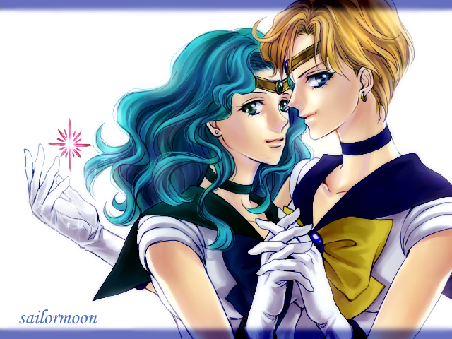 2girls bishoujo_senshi_sailor_moon blonde_hair blue_bow blue_choker blue_eyes blue_sailor_collar bow choker copyright_name couple earrings gloves green_hair hand_holding interlocked_fingers jewelry kaiou_michiru light_smile long_hair magical_girl multiple_girls sailor_collar sailor_senshi sailor_senshi_uniform short_hair smile suji ten'ou_haruka white_background white_gloves yellow_bow yuri