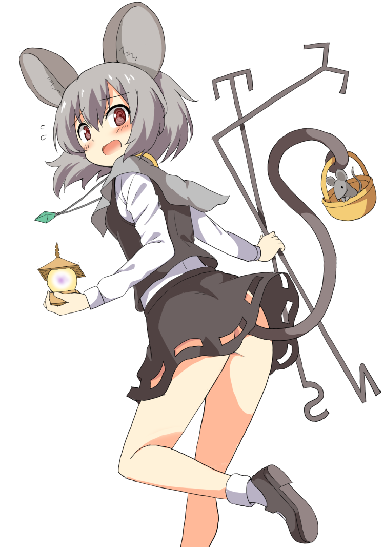1girl :o animal_ears ass basket bishamonten's_pagoda black_skirt black_vest blush capelet eyebrows_visible_through_hair flying_sweatdrops grey_capelet grey_footwear grey_hair jewelry long_sleeves looking_at_viewer looking_back mouse mouse_ears mouse_tail nazrin no_panties pendant red_eyes shirt shoes short_hair simple_background skirt socks solo standing standing_on_one_leg tail taishi_(moriverine) touhou vest white_background white_hair white_legwear white_shirt