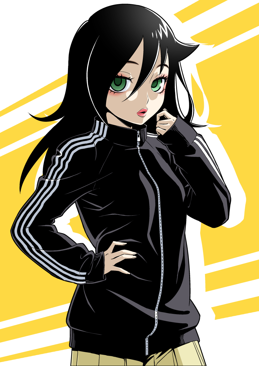 1girl black_hair black_jacket commentary_request green_eyes hand_on_hip highres ichikawa_masahiro jacket kuroki_tomoko lips long_hair long_sleeves looking_at_viewer makeup pleated_skirt skirt track_jacket watashi_ga_motenai_no_wa_dou_kangaetemo_omaera_ga_warui! zipper