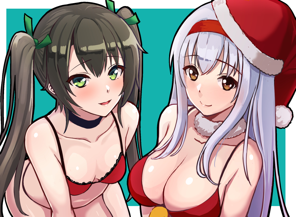 2girls bangs black_choker black_hair blush bra breasts brown_eyes choker christmas cleavage closed_mouth collarbone eyebrows_visible_through_hair fur_trim green_eyes green_ribbon hair_ribbon hairband hat kantai_collection large_breasts long_hair looking_at_viewer multiple_girls parted_lips red_bra red_hairband ribbon santa_hat shoukaku_(kantai_collection) silver_hair small_breasts smile straight_hair tilted_headwear twintails umiharu underwear upper_body very_long_hair zuikaku_(kantai_collection)